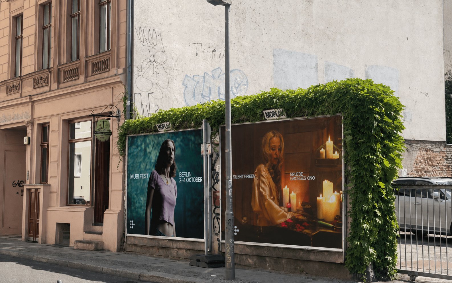 Two MUBI FEST Berlin posters on a street hoarding